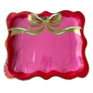 16pc Hot Pink Gold Bow Disposable Paper Dinner Plates 12.5x10 Holiday Glam NEW